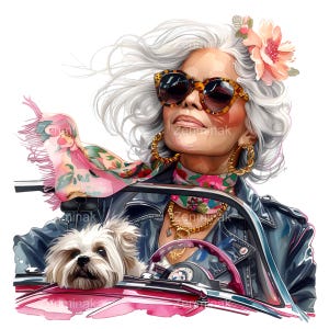 May include: Illustration of a stylish woman with gray hair wearing leopard print sunglasses, gold hoop earrings, and a floral scarf. A small white dog sits in the car. The woman is wearing a black leather jacket and a pink flower in her hair.