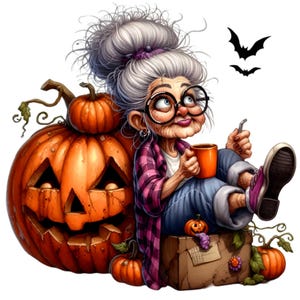 14 divertenti clipart PNG della nonna di Halloween – Donna anziana con zucca, tazza da caffè e pipistrelli – Arte digitale autunnale spettrale