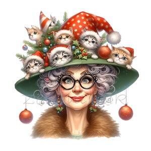 12 Clip Art PNG di Cat Lady di Natale, Donna festosa con gatti e decorazioni natalizie, Illustrazione digitale per artigianato