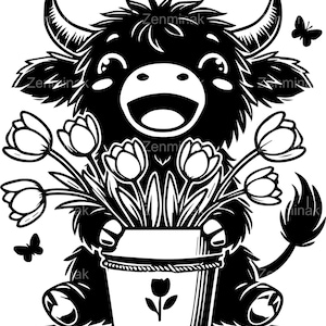 5 Schotse hooglanders met tulpen SVG, schattige bloemen koe digitaal snijbestand, lente boerderijdieren ontwerp voor knutselprojecten