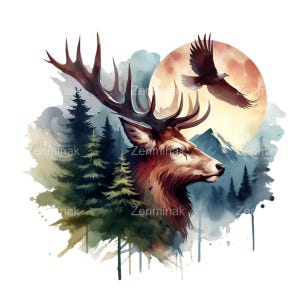 17 Hirschwald PNG Clipart, majestätischer Hirsch mit Mond und Adler, Bergwald Aquarell Kunst, rustikale Wildtierszene, Natur Tier PNG