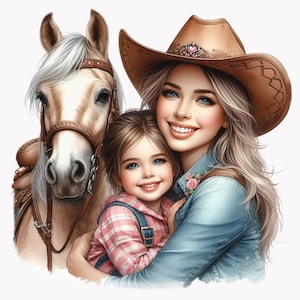 10 PNG Cowgirl mamma e figlia PNG – Clipart di cavalli western per biglietti della festa della mamma, stampe di famiglia contadina, vivaio rustico, artigianato di campagna