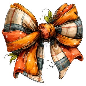 May include: Watercolor illustration of a large bow with orange, brown, and gray plaid patterns. The bow has a central knot and flowing loops, with green leaves and ink splatters. The bow is a decorative element.