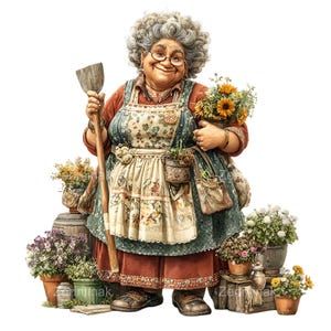 Pode incluir: Ilustração de uma mulher idosa sorridente com um avental floral, segurando uma pá e um buquê de girassóis. Ela usa óculos e um vestido vermelho e azul, cercada por flores em vasos e um barril de madeira.