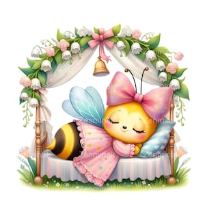 12 süße schlafende Biene PNG Clipart - rosa Kleid, Blumen-Himmelbett, große Schleife, Feenflügel, friedliche Garteninsektenkunst