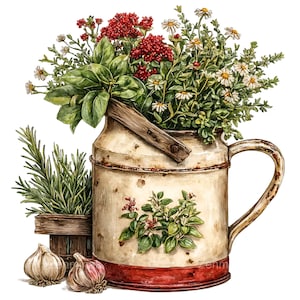 Puede incluir: Ilustración en acuarela de una lechera vintage llena de hierbas y flores. La lechera es de color blanquecino con una base roja y un asa de madera. El romero está en una caja de madera junto a dos bulbos de ajo. El arreglo incluye follaje rojo, blanco y verde.