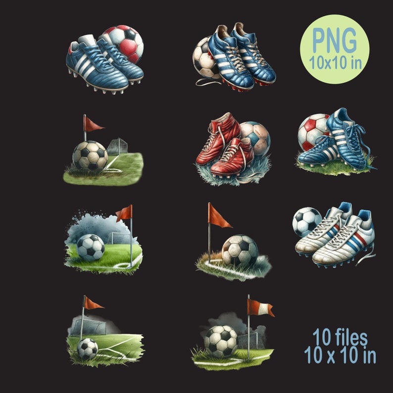 Puede incluir: Diez ilustraciones digitales con tem&aacute;tica de f&uacute;tbol. Las im&aacute;genes incluyen balones de f&uacute;tbol, botas y un campo de f&uacute;tbol con una porter&iacute;a. Las im&aacute;genes est&aacute;n en estilo de dibujos animados y son perfectas para usar en proyectos digitales.