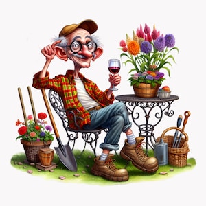 Grappige opa drinkt rode wijn clipartbundel, senior man tuinieren, digitale download, afdrukbare muurkunst, 10 png-PNG wijnhumor