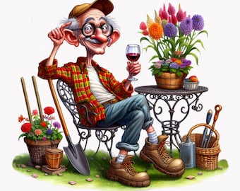 Funny Grandpa Drinking Red Wine Clipart Bundle, Senior Man Gardening, Digital Download, Printable Wall Art, 10 PNG Wine Humor