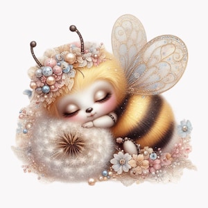 眠っている蜂のPNGクリップアート10選 – 真珠、花、タンポポをあしらったかわいいマルハナバチのPNGイラスト – 赤ちゃんの工作にぴったりの、気まぐれな保育園アート