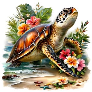 May include: A digital illustration of a sea turtle on a sandy beach, surrounded by colorful hibiscus flowers and tropical foliage. The turtle has a brown and orange shell, with a detailed head and flippers. The image has the text "Zenminak".