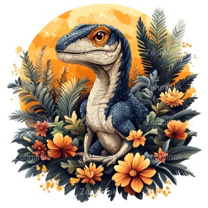 12 Clipart PNG di dinosauri, Simpatico rapace con fiori tropicali, Arte di dinosauri della giungla, Illustrazione di tramonto arancione, Animale preistorico PNG