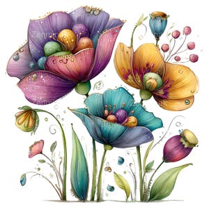 May include: Watercolor illustration of stylized flowers in shades of purple, blue, and yellow. The flowers have detailed petals and are set against a white background. The image has a whimsical, artistic style, with delicate details and a soft color palette.