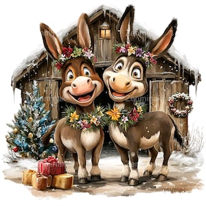 Puede incluir: Ilustración caprichosa de dos burros sonrientes adornados con coronas florales, frente a un granero de madera rústico. Un árbol de Navidad decorado y regalos envueltos se suman a la escena festiva. La nieve cubre el tejado y el suelo.