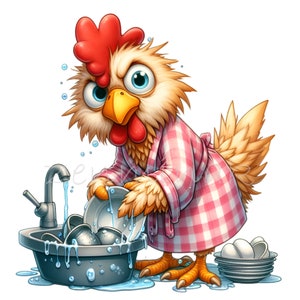 12 PNG Dishwashing Chicken – Funny Hen PNG Clipart in Robe at Kitchen Sink – Humorous Farm Animal Art for Stickers and Craft Projects