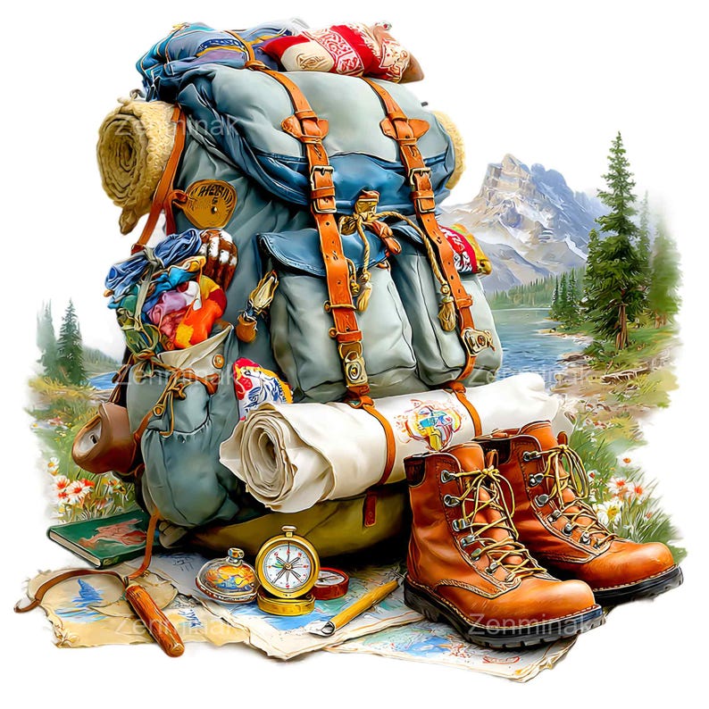 15 PNG Hiking Backpack Clipart, Camping Travel Gear Illustration ...