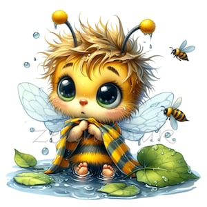 14 Baby Bee PNG Clip Art, słodka mokra pszczoła z szalikiem, ilustracja, cyfrowy projekt dla projektów rzemieślniczych i DIY