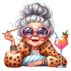 Divertente anziana signora che beve un cocktail, nonna felice Clipart, 10 fumetti PNG umoristici