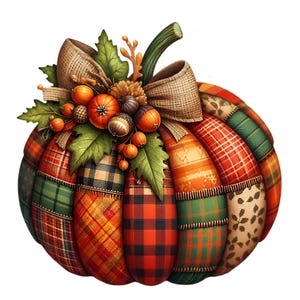 15 Patchwork Zucca PNG Clipart con fiocco e foglie autunnali, Illustrazione rustica del raccolto autunnale, Arte del Ringraziamento