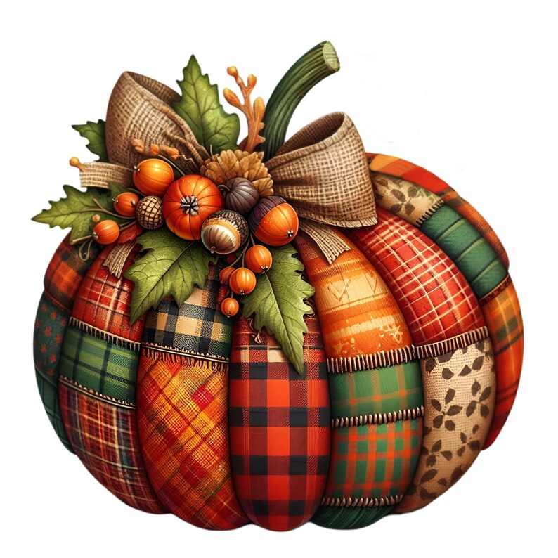 Patchwork Pumpkin PNG Clipart with Bow and Autumn Leaves, Rustic Fall Harvest Illustration, Thanksgiving Art