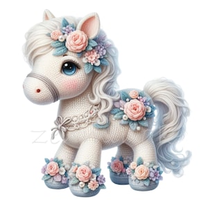 10 png-schattige bloemen babypony clipart png, pastel wit paard met grote ogen en rozen, kinderkamerdieren illustratie voor kinderen of ambachten