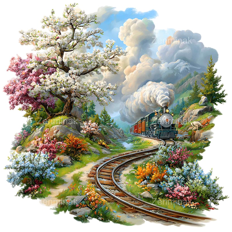 Spring Painted Train 15 PNG Steam Train Clipart , Watercolor Spring Railway Landscape ...