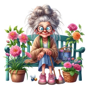 Gardening Grandma with Flowers Clipart 10 PNG - Adorable Cartoon Grandmother on Bench with Blooming Flowers, Whimsical Garden Illustration