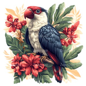 12 PNG Clipart di pappagallo tropicale - Uccello esotico con fiori e foglie rigogliosi - Illustrazione della natura vibrante per l'arredamento