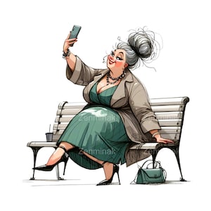 17 Elegante Curvy Lady Selfie PNG, Elegante Donna Cartoon Clip Art, Illustrazione digitale per artigianato e sublimazione