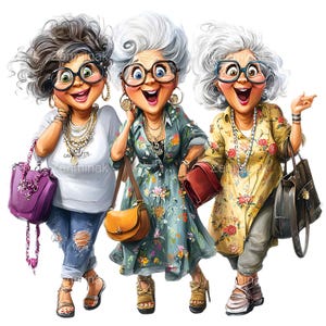 15 PNG Stylish Senior Ladies Clipart, Fashionable Friends Illustration ...