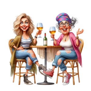 17 PNG femmes drôles buvant du vin PNG Clipart, dames illustration de vin, dessin animé amis vin art