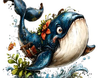 15 PNG Tropical Whale Clipart – Cute Blue Whale PNG with Flowers and Splash for Kids Decor, Nautical Nursery Art, Summer Ocean Crafts
