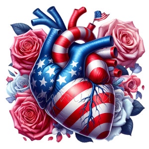 12 imágenes PNG de corazones anatómicos con bandera estadounidense y rosas, ilustración floral patriótica, arte de sublimación del 4 de julio