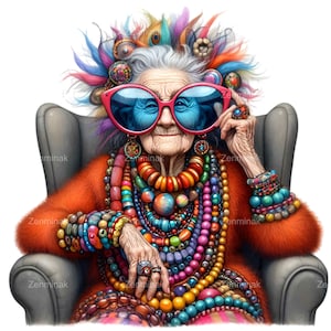 Nonna eccentrica con accessori colorati PNG Clipart, 14 donne anziane vivaci con occhiali da sole oversize, arte della nonna eccentrica