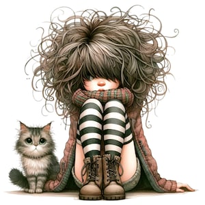 12 Clipart PNG di ragazza con capelli ricci – Ragazza con collant a righe con gatto, stivali e maglione – Arte digitale di personaggi stravaganti