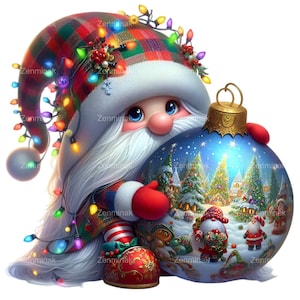 14 PNG Clipart di gnomi natalizi - PNG Gnomo festivo con luci e palla ornamentale - Arte di scena invernale festiva per biglietti e lavoretti