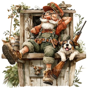 Puede incluir: Ilustración en acuarela de un cazador relajado con barba blanca, gafas y sombrero de camuflaje, descansando en una estructura de madera. Un perro feliz está sentado a su lado. El cazador lleva un mono y botas, con un rifle cerca. La imagen tiene el texto "Zenminak".
