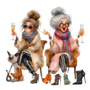Lustige ältere Damen mit Champagner in den rosa Mänteln PNG Clipart, 17 Feier und Freundschaft Kunst