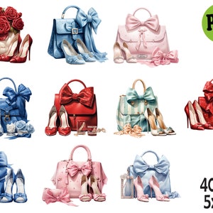 May include: Ten digital illustrations of handbags with bows and shoes. Each illustration features a different color handbag with a bow and a pair of shoes. The handbags are all in a cartoon style and are set against a white background. 40 files 5x5 in.