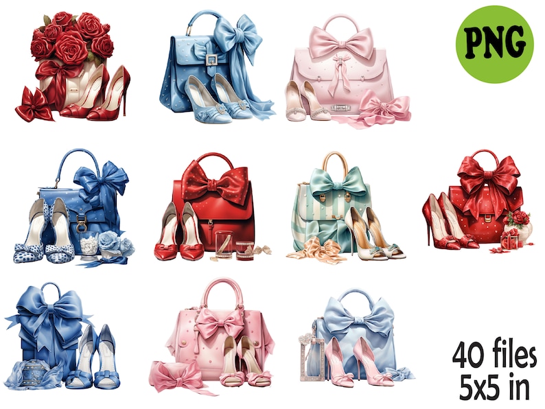 May include: Ten digital illustrations of handbags with bows and shoes. Each illustration features a different color handbag with a bow and a pair of shoes. The handbags are all in a cartoon style and are set against a white background. 40 files 5x5 in.