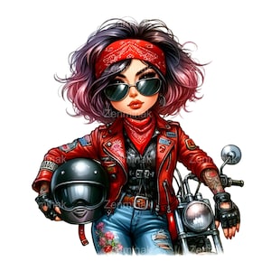 バイカーガール PNG デジタルイラスト、14 レトロな女性バイカーアートワーク、バイクに乗る女性、赤いジャケットのバンダナアートプリント