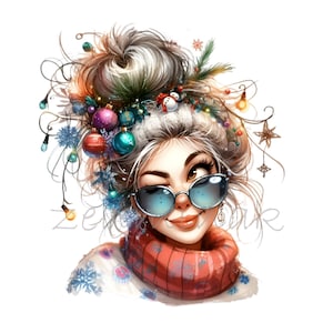 Donna festosa con decorazioni natalizie in capelli e occhiali da sole Clipart - 12 divertenti e vivaci design PNG per le vacanze