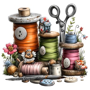 May include: A whimsical illustration of sewing supplies, including spools of orange, green, and pink thread, scissors, buttons, and a needle. Decorative elements include flowers and a small creature. The image has the text "Zenminak".