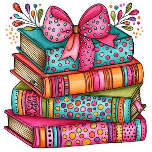 Può includere: Una pila di quattro libri con copertine colorate caratterizzate da pois, strisce e accenti floreali. Un grande fiocco rosa con pois color ottanio si trova sopra la pila. I libri sono illustrati in uno stile vivace con pagine visibili.