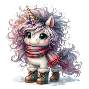 14 png wintereenhoorn, png – schattige clipart met sjaal, laarzen en krullend haar – besneeuwde baby-eenhoornkunst voor kinderen decor en ambachten