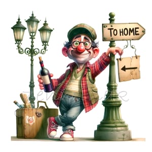 Puede incluir: Una ilustración de dibujos animados de un hombre con la nariz roja y un sombrero verde que sostiene una botella de vino. Está de pie junto a una farola y un cartel que dice "To Home".