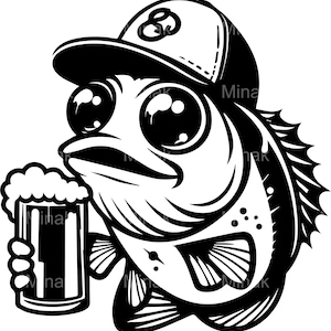 May include: Black and white illustration of a cartoon fish wearing a baseball cap and holding a beer mug. The fish has large eyes and a smiling expression. The beer mug is filled with foamy beer.
