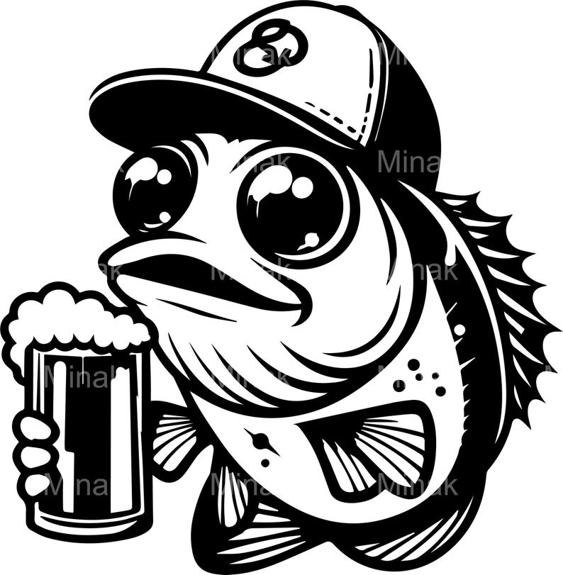 May include: Black and white illustration of a cartoon fish wearing a baseball cap and holding a beer mug. The fish has large eyes and a smiling expression. The beer mug is filled with foamy beer.