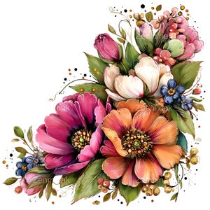 Peut inclure: Composition florale à l'aquarelle avec des fleurs roses, oranges et blanches, des feuilles vertes et de petites fleurs bleues. Le design comprend également des baies, créant une illustration botanique détaillée et colorée.