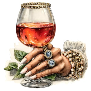 Pode incluir: Ilustração em aquarela de uma taça de vinho cheia de líquido vermelho, adornada com uma corrente dourada na borda. Uma mão usando anéis com pedras preciosas azuis e uma pulseira de ouro segura o copo. Folhas verdes no fundo.